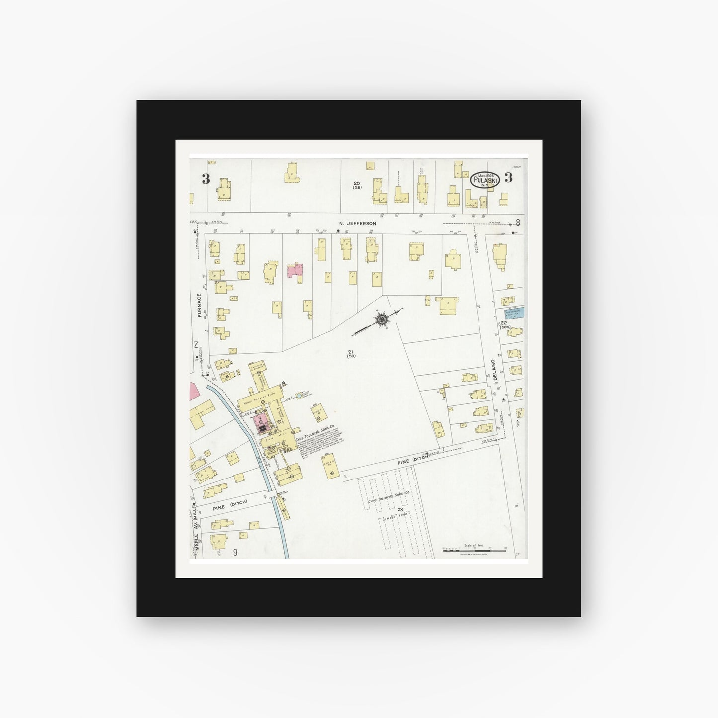Old map wall art mockup — black gallery frame with white mat — Sanborn Fire Insurance Map from Pulaski, Oswego County, New York (1925), Sheet #0003