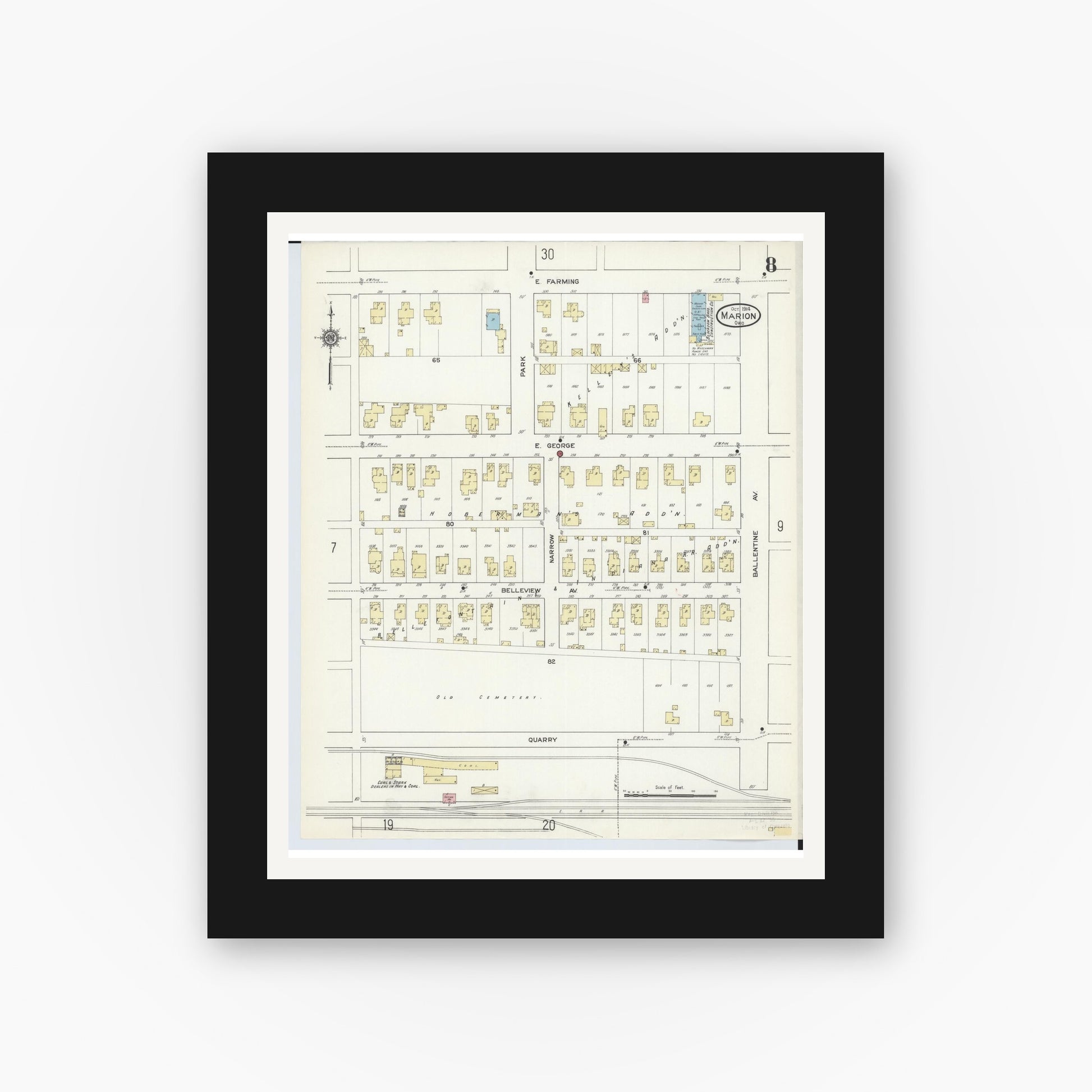 Old map wall art mockup — black gallery frame with white mat — Sanborn Fire Insurance Map from Marion, Marion County, Ohio (1914), Sheet #0008
