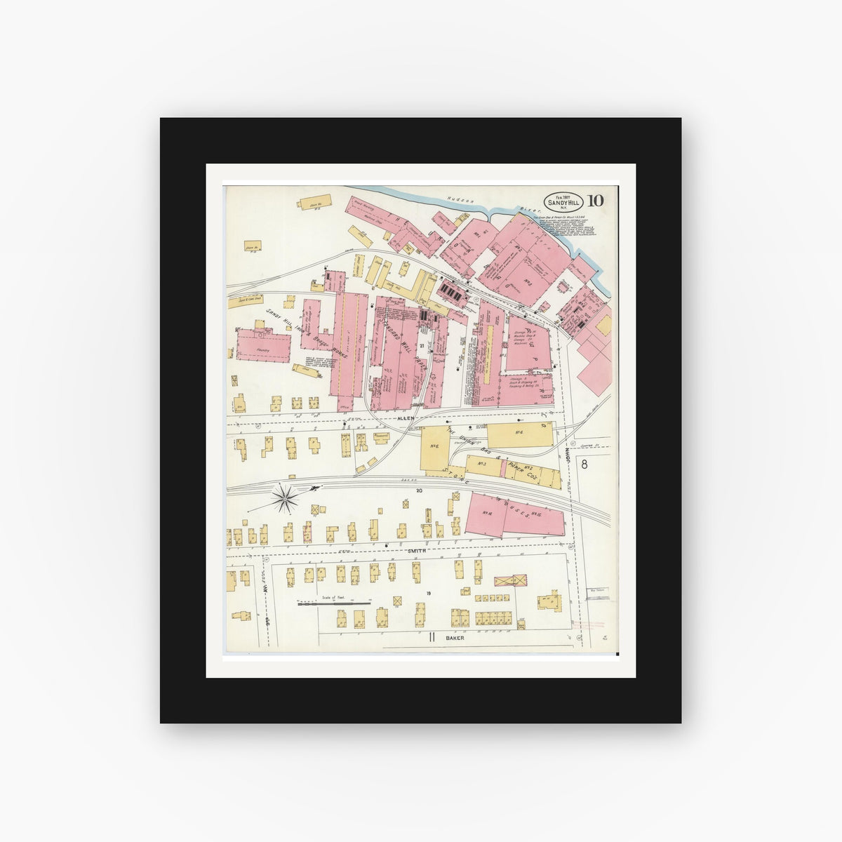Old map wall art mockup — black gallery frame with white mat — Sanborn Fire Insurance Map from Sandy Hill, Washington County, New York (1907), Sheet #0010
