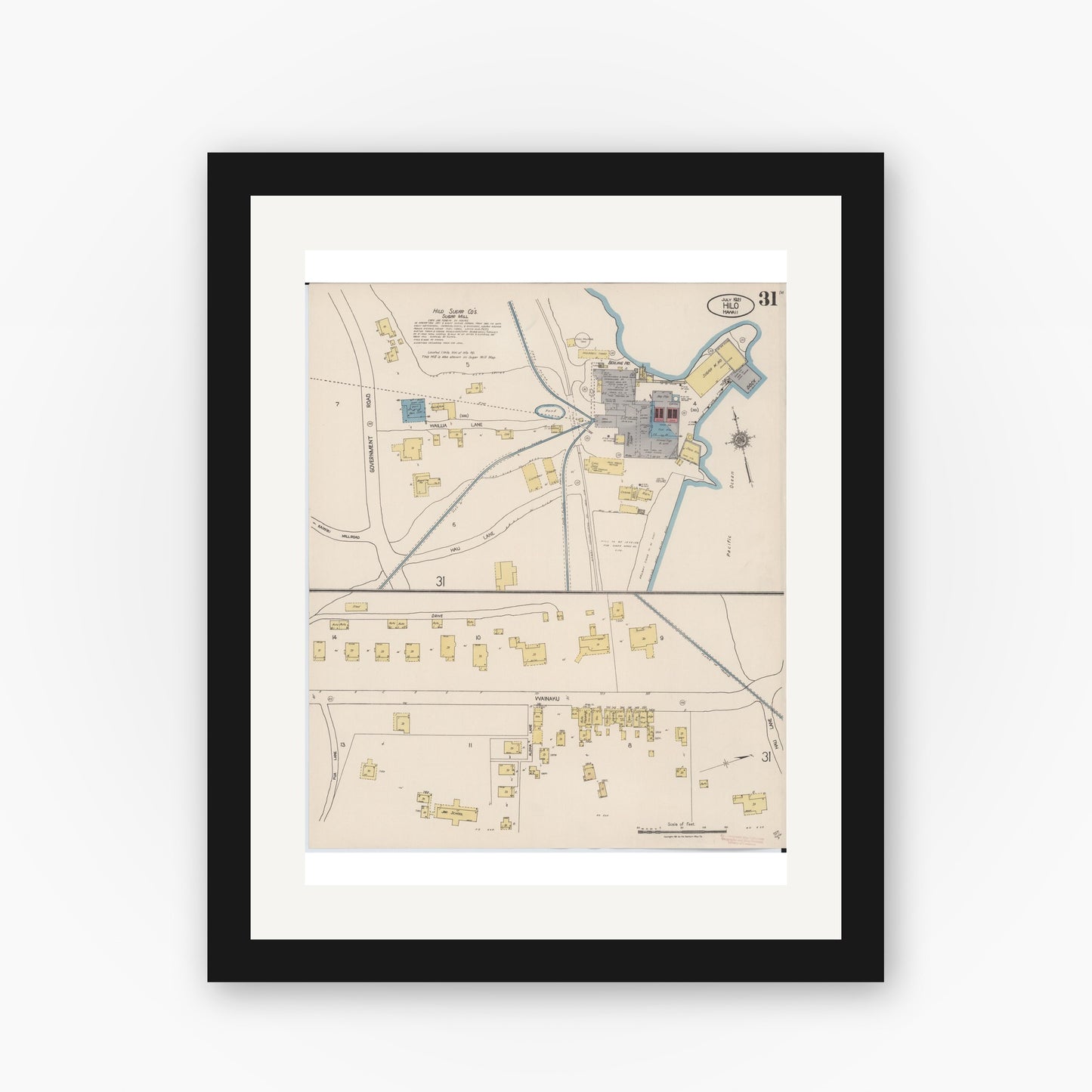 Old map wall art mockup — black gallery frame with white mat — Sanborn Fire Insurance Map from Hilo, Hawaii County, Hawaii (1921), Sheet #0031