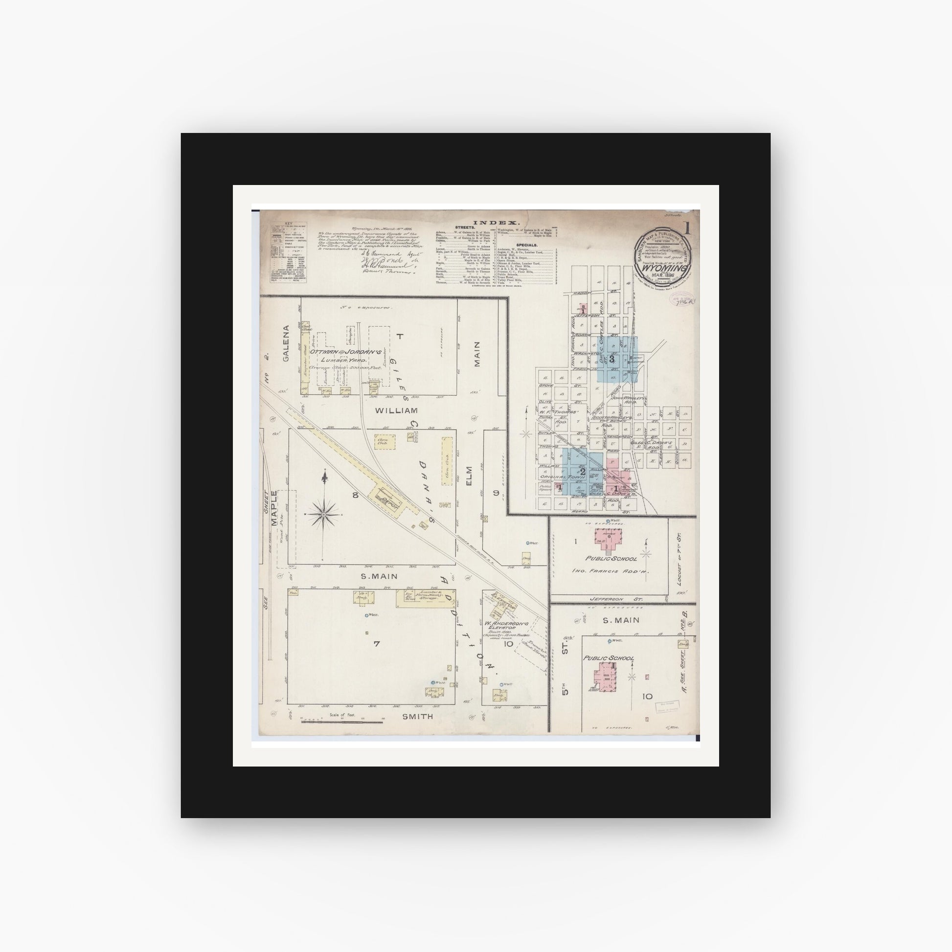 Old map wall art mockup — black gallery frame with white mat — Sanborn Fire Insurance Map from Wyoming, Stark County, Illinois (1886) - Complete Map Set