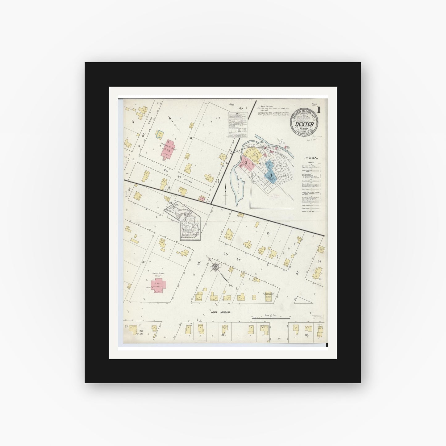 Old map wall art mockup — black gallery frame with white mat — Sanborn Fire Insurance Map from Dexter, Washtenaw County, Michigan (1912) - Complete Map Set