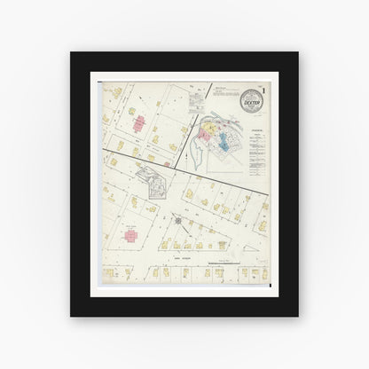 Old map wall art mockup — black gallery frame with white mat — Sanborn Fire Insurance Map from Dexter, Washtenaw County, Michigan (1912) - Complete Map Set