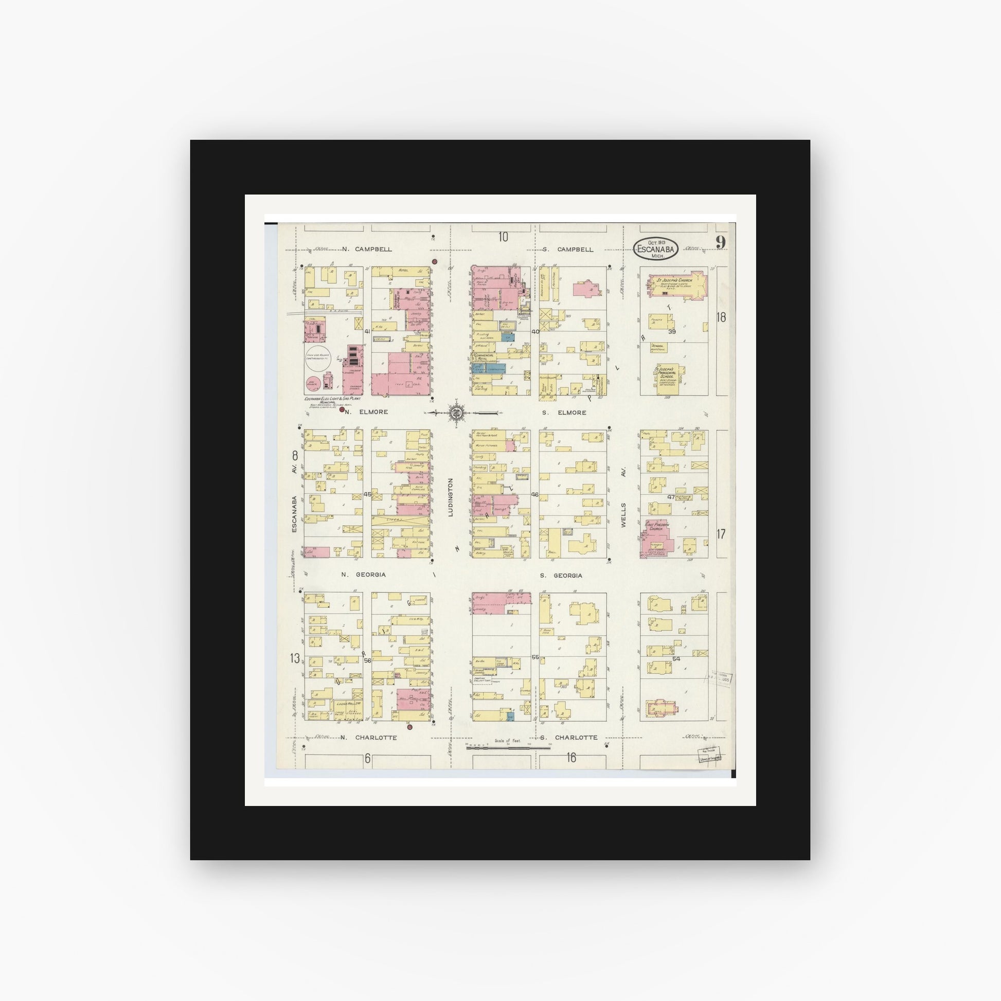 Old map wall art mockup — black gallery frame with white mat — Sanborn Fire Insurance Map from Escanaba, Delta County, Michigan (1913), Sheet #0009