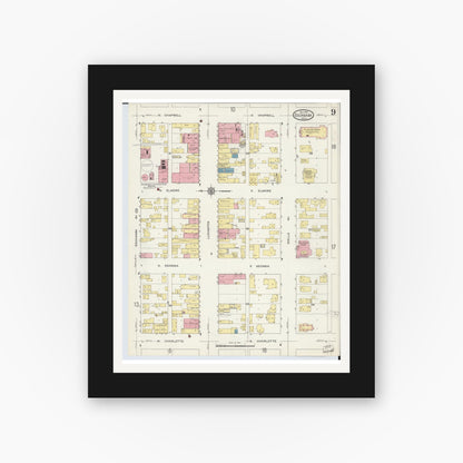 Old map wall art mockup — black gallery frame with white mat — Sanborn Fire Insurance Map from Escanaba, Delta County, Michigan (1913), Sheet #0009