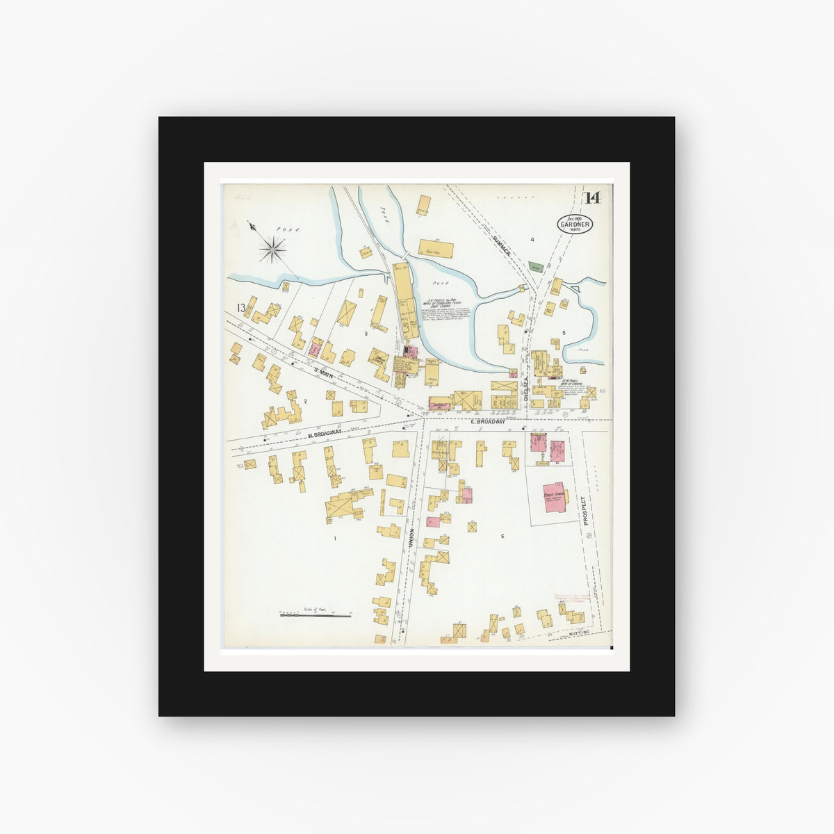 Old map wall art mockup — black gallery frame with white mat — Sanborn Fire Insurance Map from Gardner, Worcester County, Massachusetts (1900), Sheet #0014