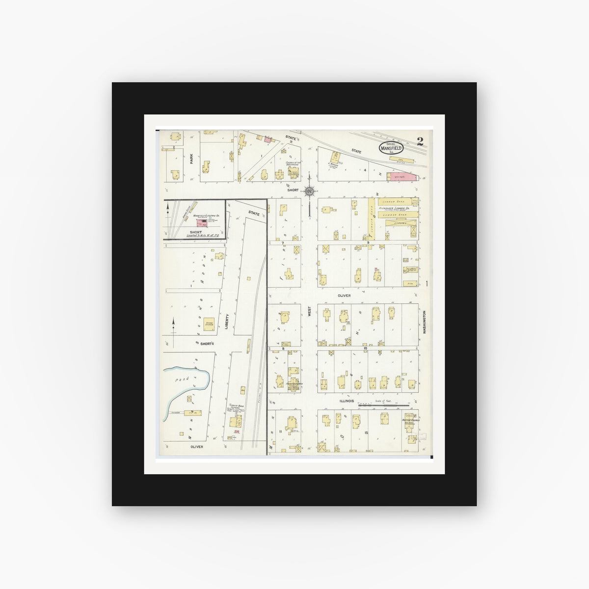 Old map wall art mockup — black gallery frame with white mat — Sanborn Fire Insurance Map from Mansfield, Piatt County, Illinois (1911), Sheet #0002