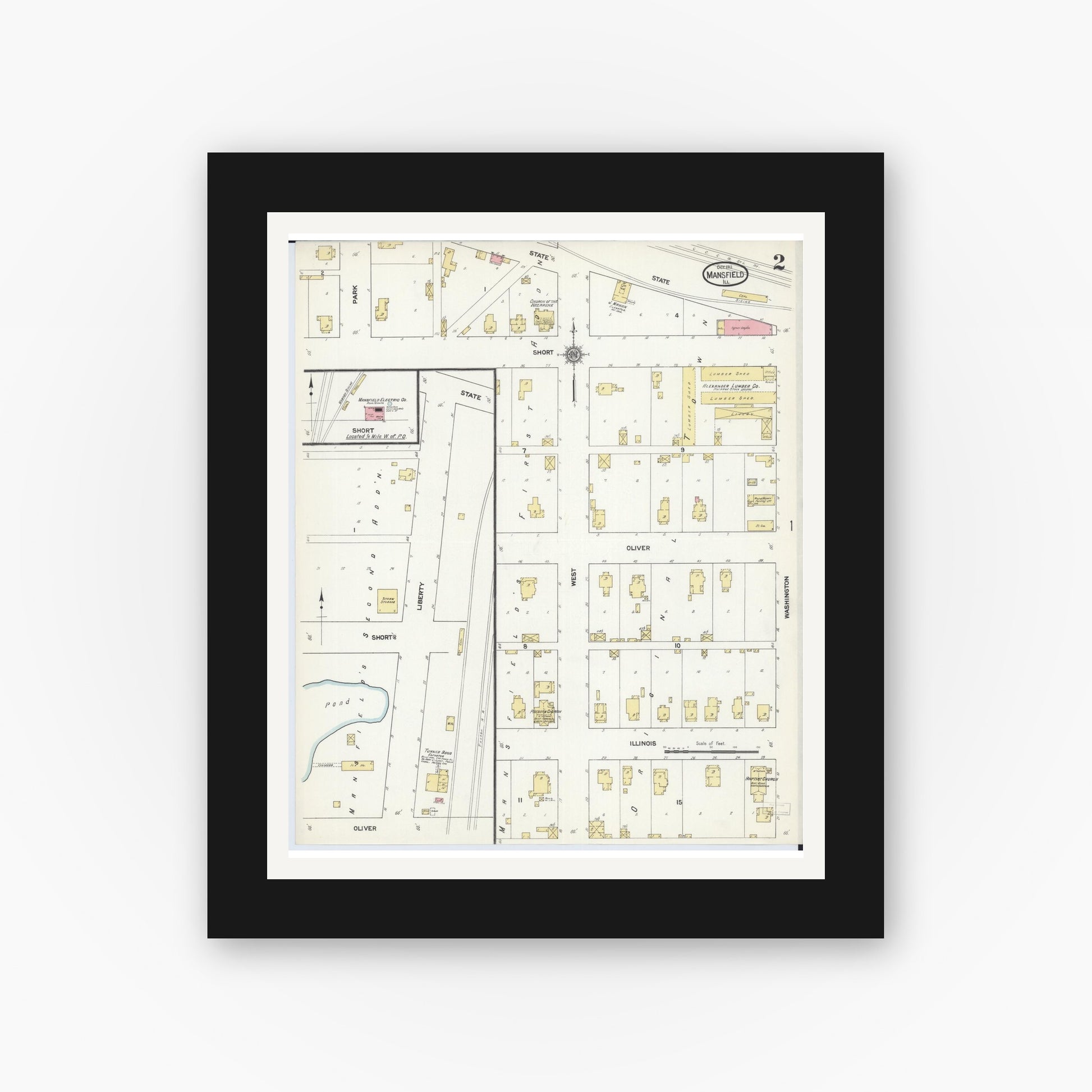Old map wall art mockup — black gallery frame with white mat — Sanborn Fire Insurance Map from Mansfield, Piatt County, Illinois (1911), Sheet #0002
