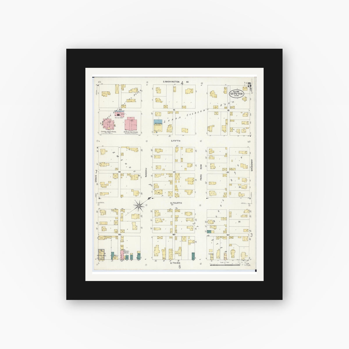 Old map wall art mockup — black gallery frame with white mat — Sanborn Fire Insurance Map from Saint Peter, Nicollet County, Minnesota (1908), Sheet #0005