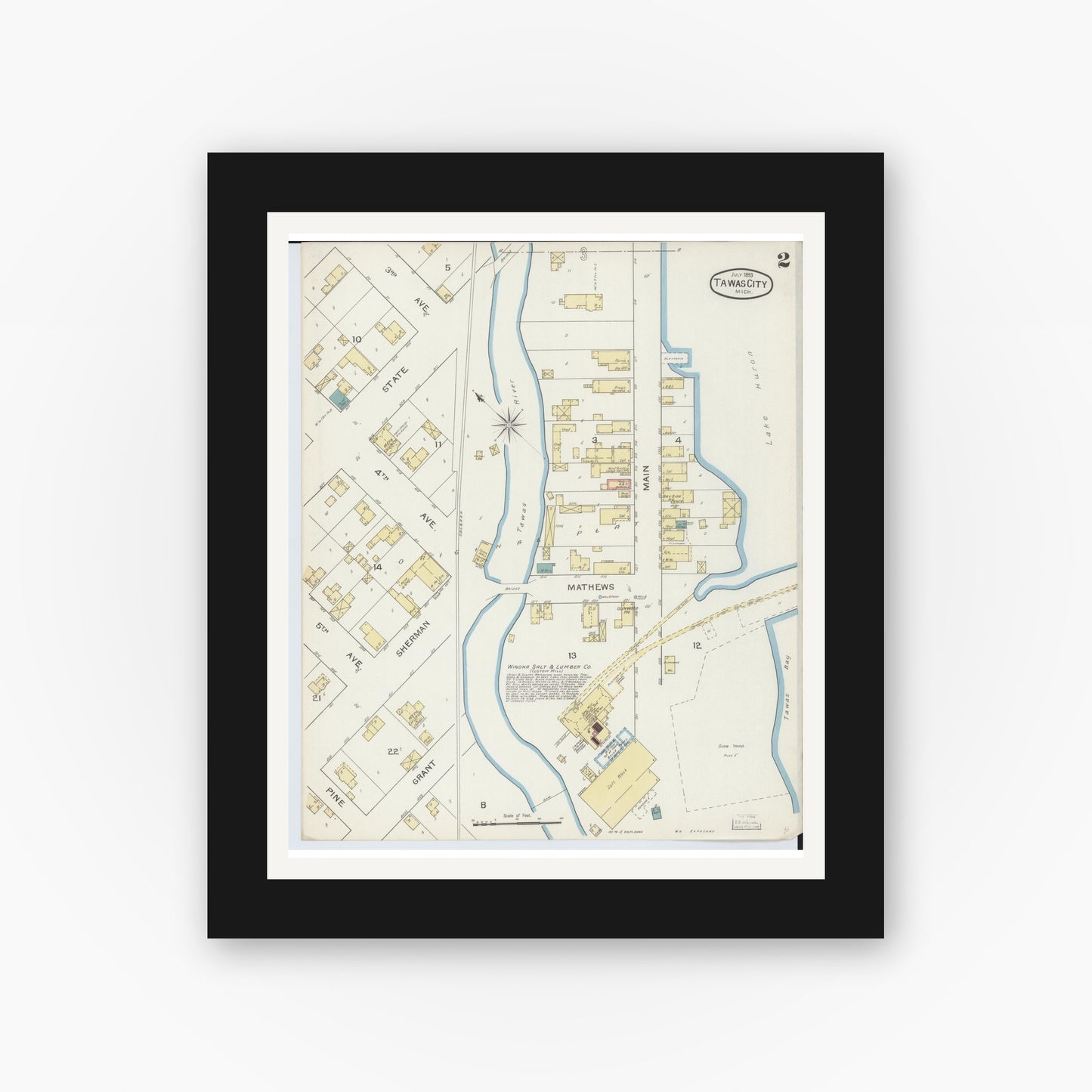 Old map wall art mockup — black gallery frame with white mat — Sanborn Fire Insurance Map from East Tawas, Iosco County, Michigan (1893), Sheet #0002