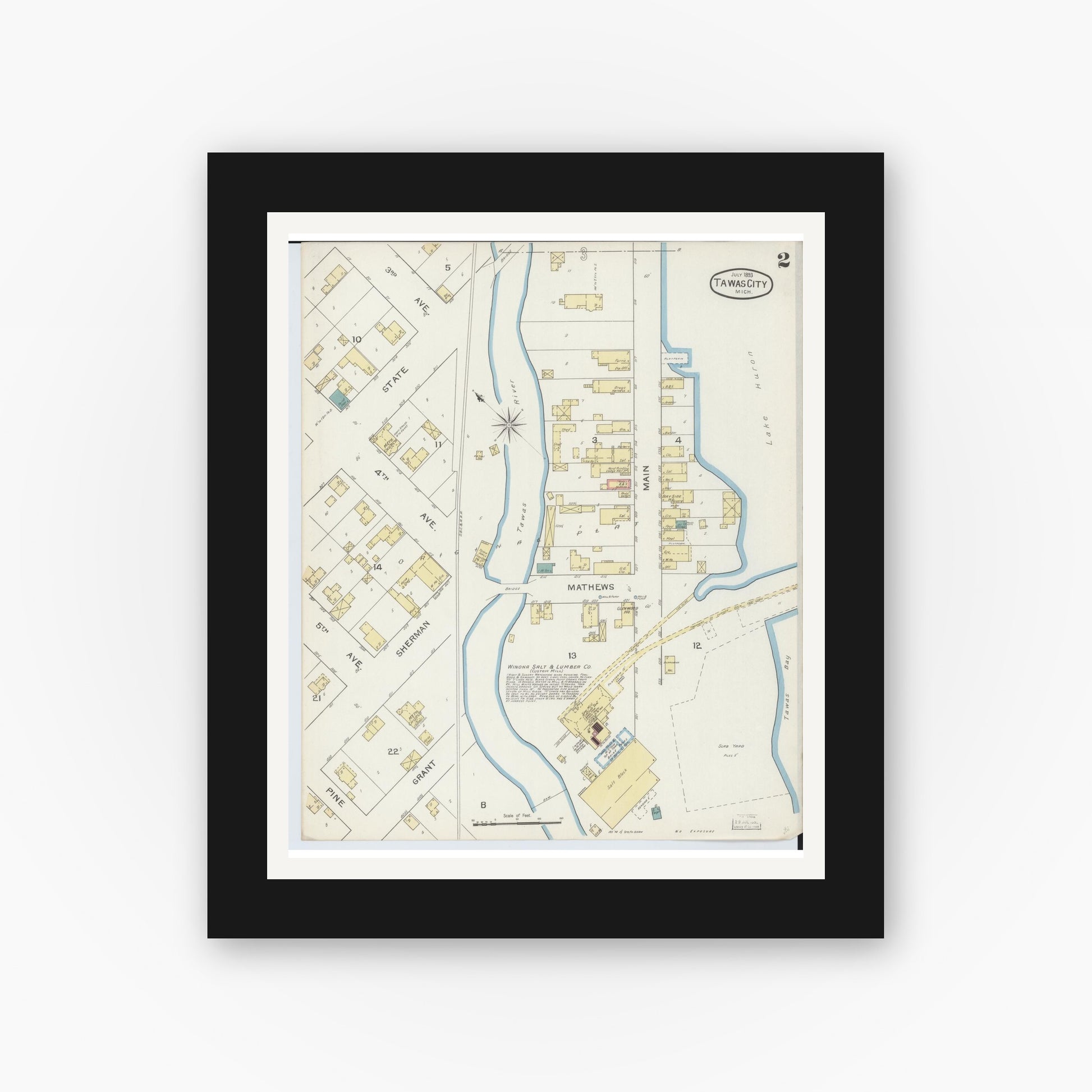 Old map wall art mockup — black gallery frame with white mat — Sanborn Fire Insurance Map from East Tawas, Iosco County, Michigan (1893), Sheet #0002