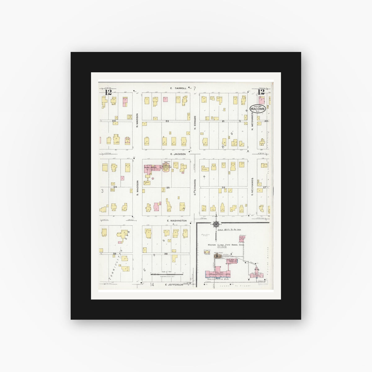 Old map wall art mockup — black gallery frame with white mat — Sanborn Fire Insurance Map from Macomb, Mcdonough County, Illinois (1924), Sheet #0012