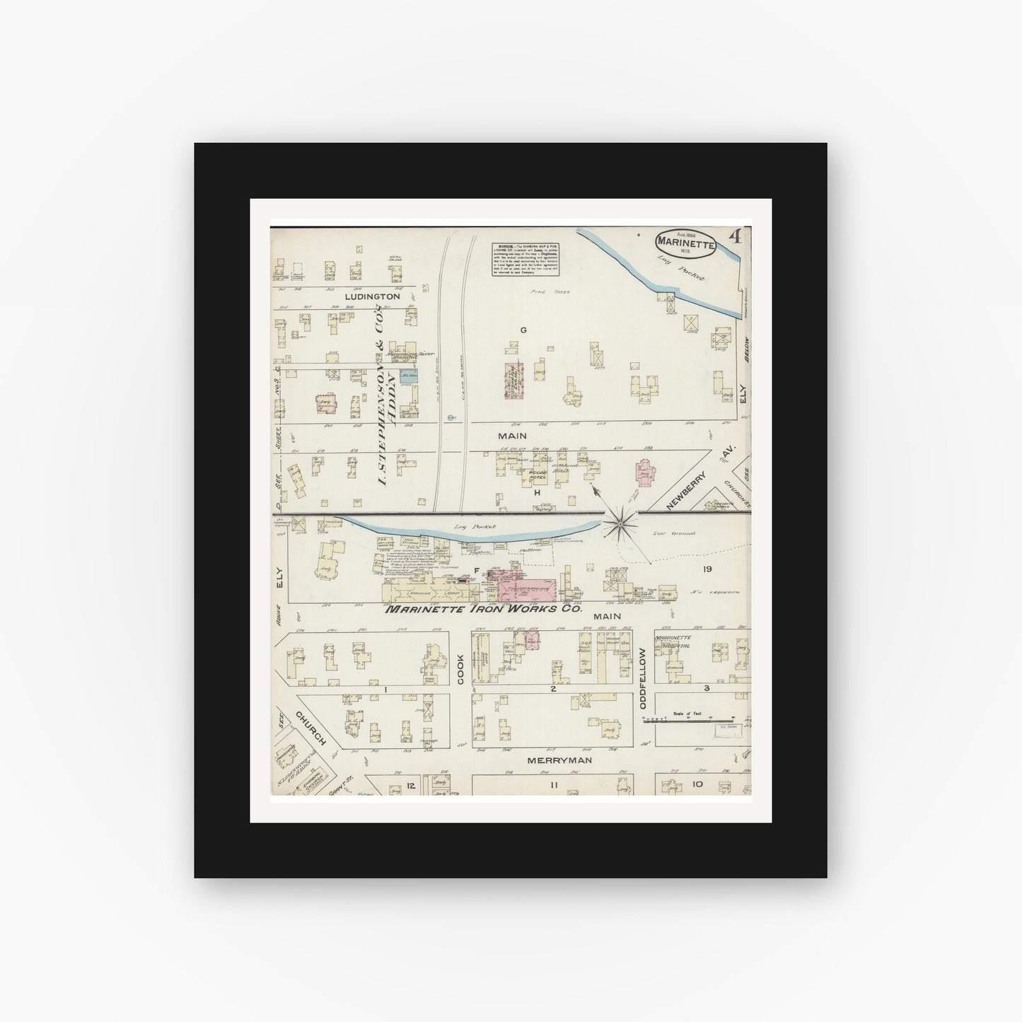 Old map wall art mockup — black gallery frame with white mat — Sanborn Fire Insurance Map from Marinette, Marinette County, Wisconsin (1884), Sheet #0004