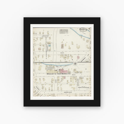 Old map wall art mockup — black gallery frame with white mat — Sanborn Fire Insurance Map from Marinette, Marinette County, Wisconsin (1884), Sheet #0004