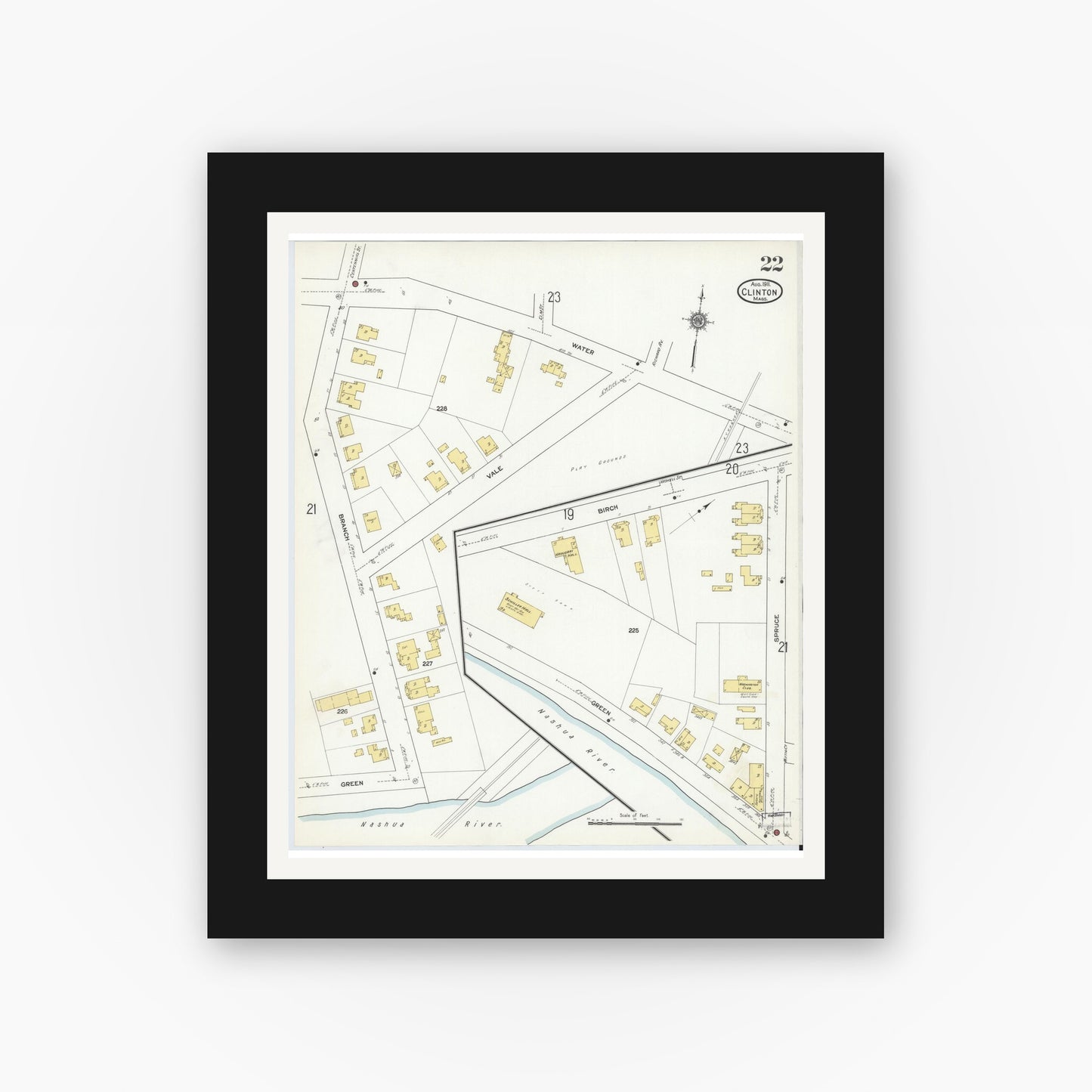 Old map wall art mockup — black gallery frame with white mat — Sanborn Fire Insurance Map from Clinton, Worcester County, Massachusetts (1911), Sheet #0022