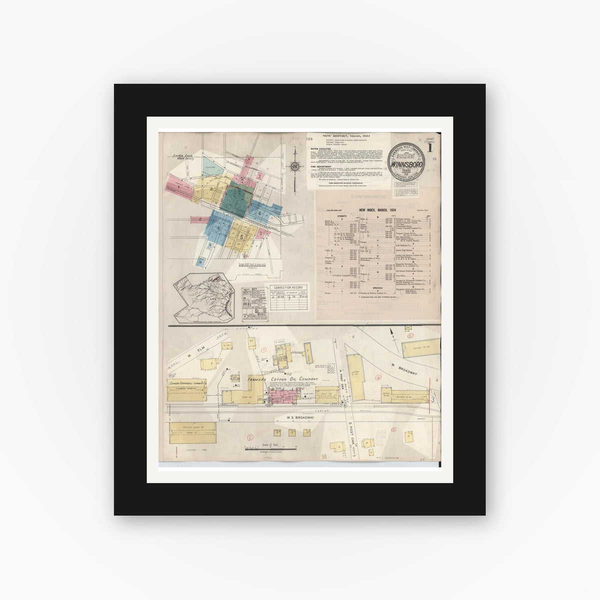 Old map wall art mockup — black gallery frame with white mat — Sanborn Fire Insurance Map from Winnsboro, Wood County, Texas (1943) - Complete Map Set