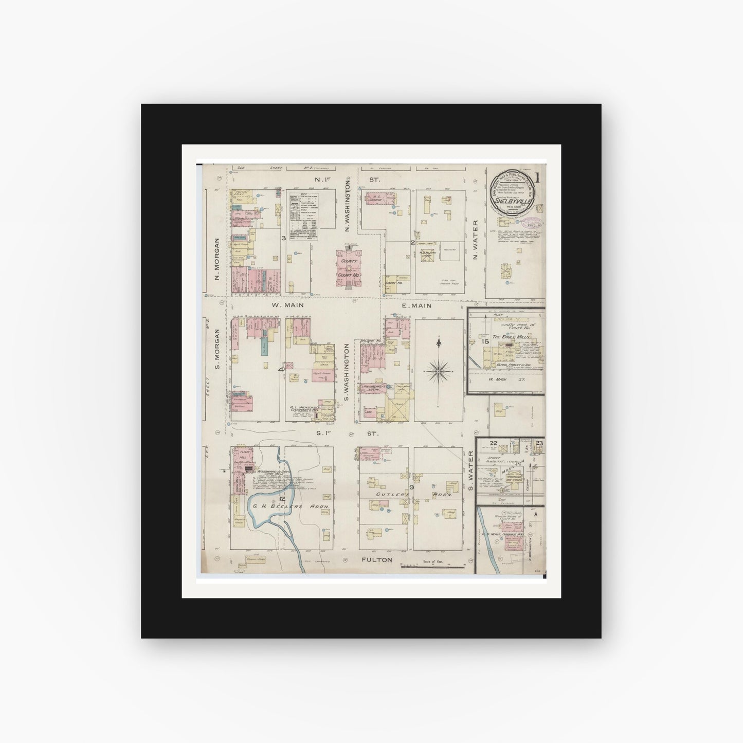 Old map wall art mockup — black gallery frame with white mat — Sanborn Fire Insurance Map from Shelbyville, Shelby County, Illinois (1886) - Complete Map Set