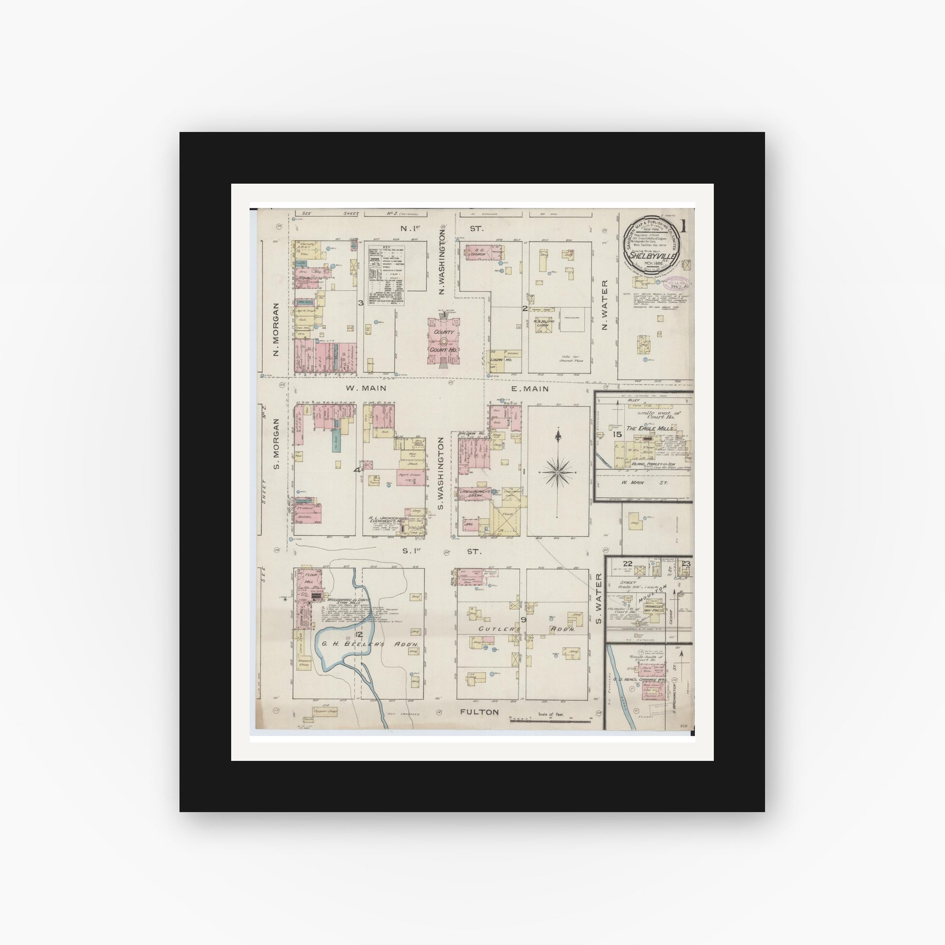 Old map wall art mockup — black gallery frame with white mat — Sanborn Fire Insurance Map from Shelbyville, Shelby County, Illinois (1886) - Complete Map Set