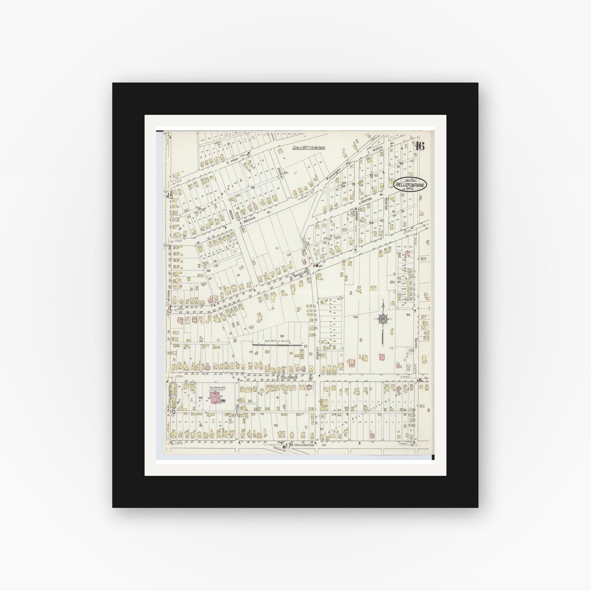 Old map wall art mockup — black gallery frame with white mat — Sanborn Fire Insurance Map from Bellefontaine, Logan County, Ohio (1914), Sheet #0016