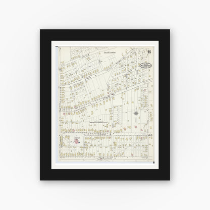 Old map wall art mockup — black gallery frame with white mat — Sanborn Fire Insurance Map from Bellefontaine, Logan County, Ohio (1914), Sheet #0016