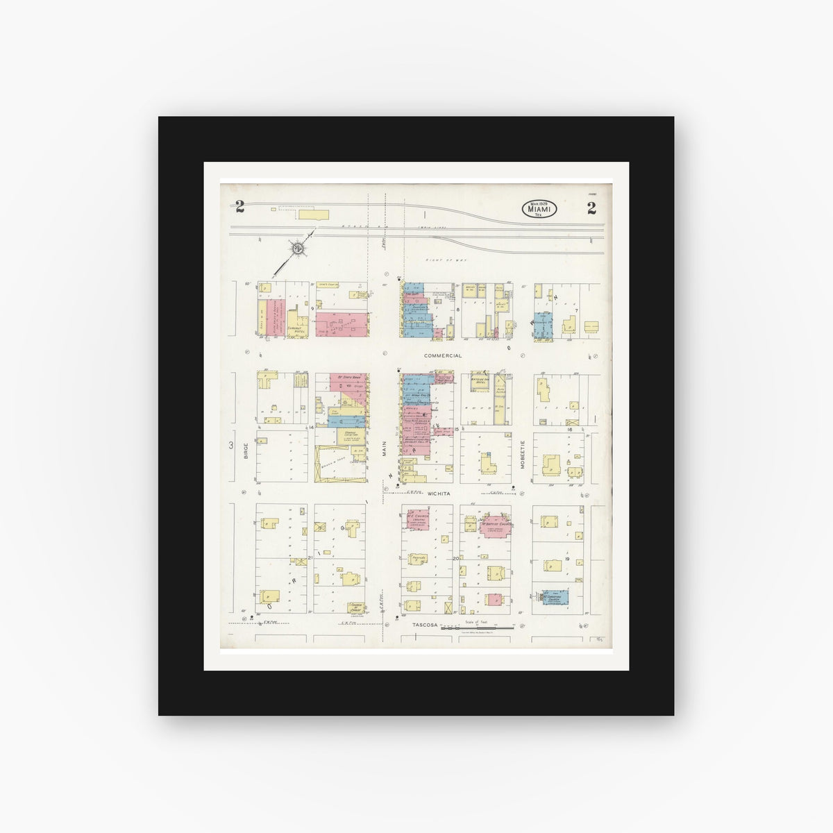 Old map wall art mockup — black gallery frame with white mat — Sanborn Fire Insurance Map from Miami, Roberts County, Texas (1929), Sheet #0002