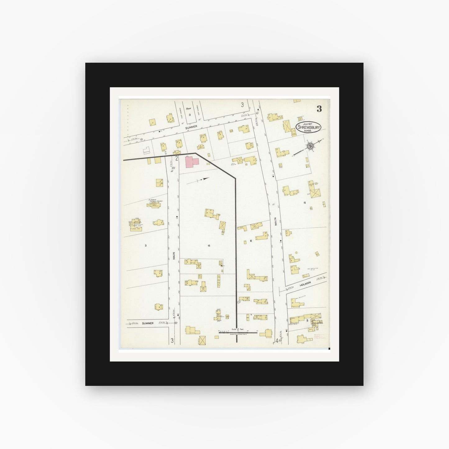Old map wall art mockup — black gallery frame with white mat — Sanborn Fire Insurance Map from Shrewsbury, Worcester County, Massachusetts (1917), Sheet #0003