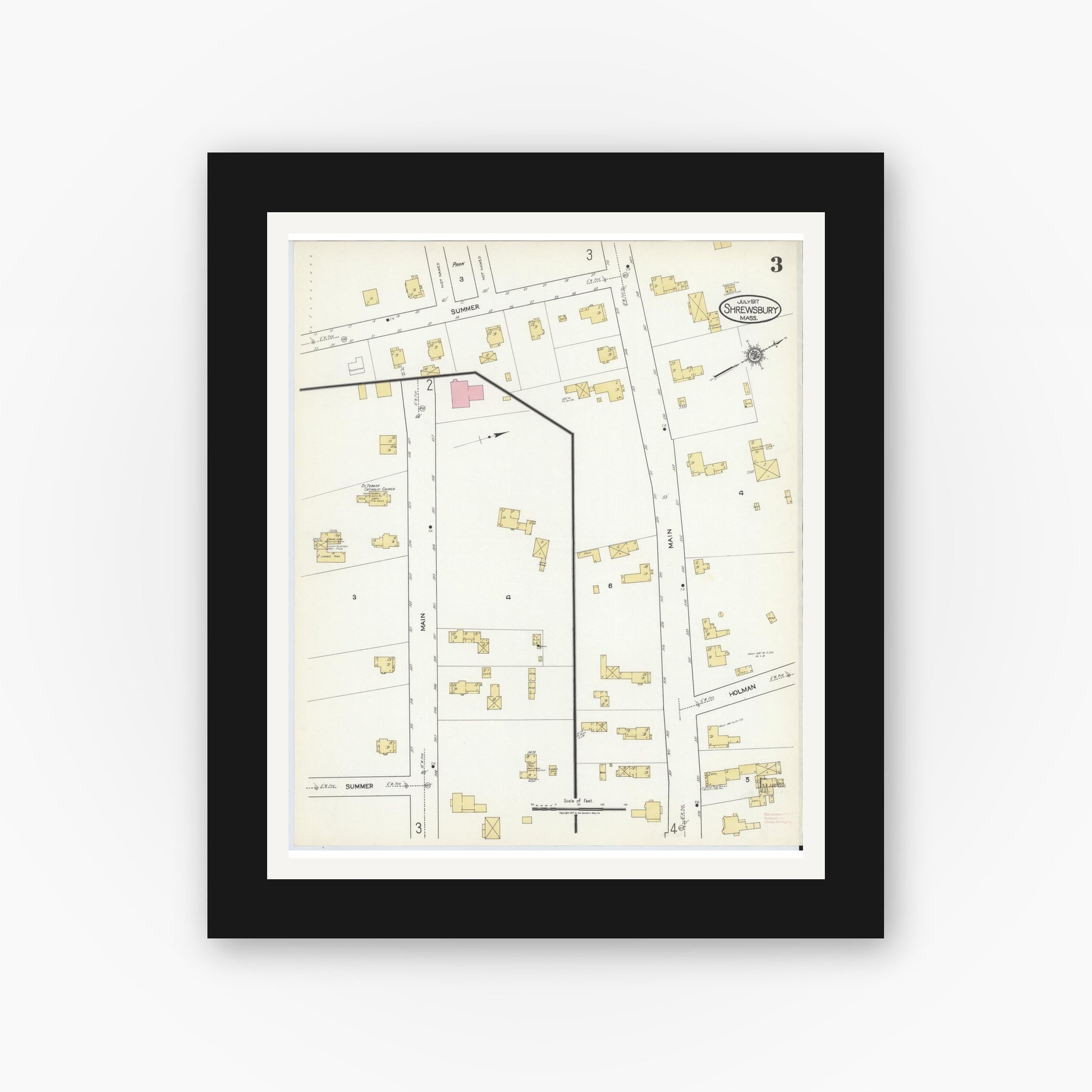 Old map wall art mockup — black gallery frame with white mat — Sanborn Fire Insurance Map from Shrewsbury, Worcester County, Massachusetts (1917), Sheet #0003