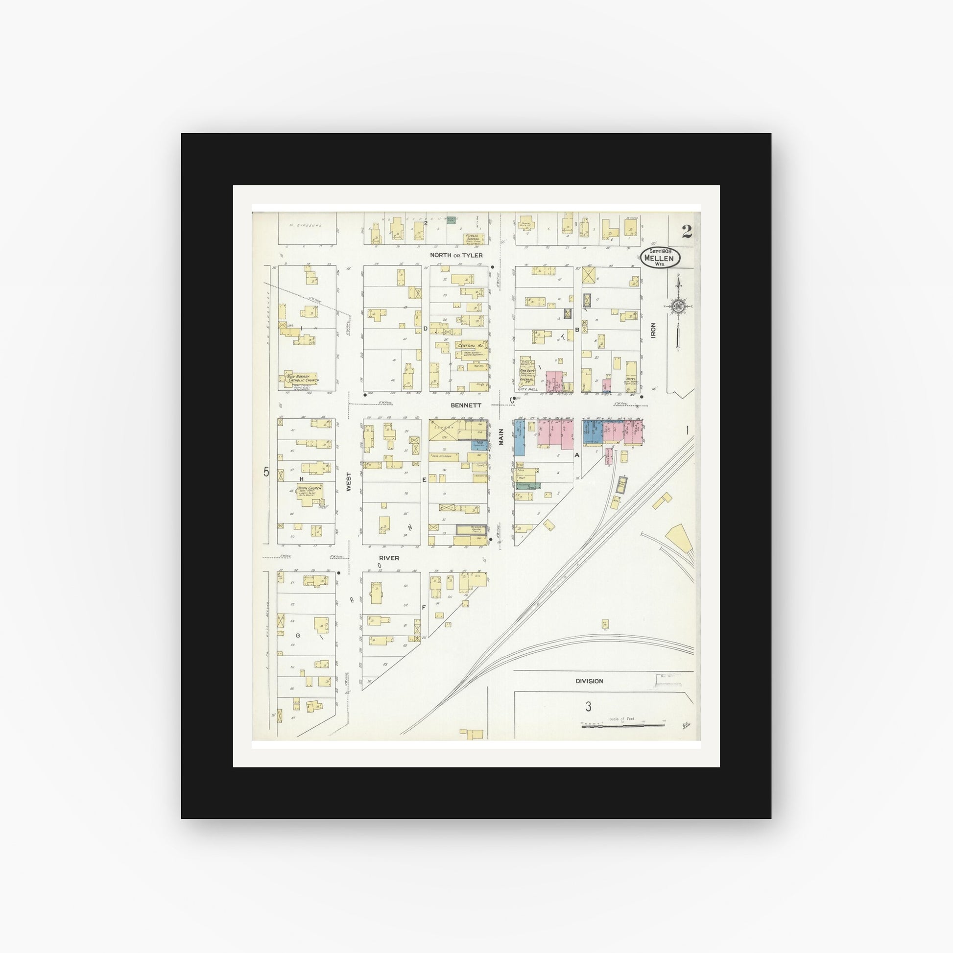 Old map wall art mockup — black gallery frame with white mat — Sanborn Fire Insurance Map from Mellen, Ashland County, Wisconsin (1909), Sheet #0002
