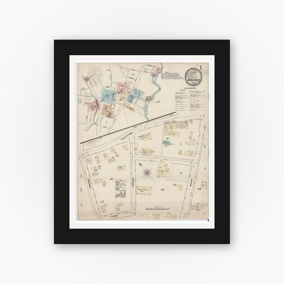 Old map wall art mockup — black gallery frame with white mat — Sanborn Fire Insurance Map from Middleboro, Plymouth County, Massachusetts (1885) - Complete Map Set