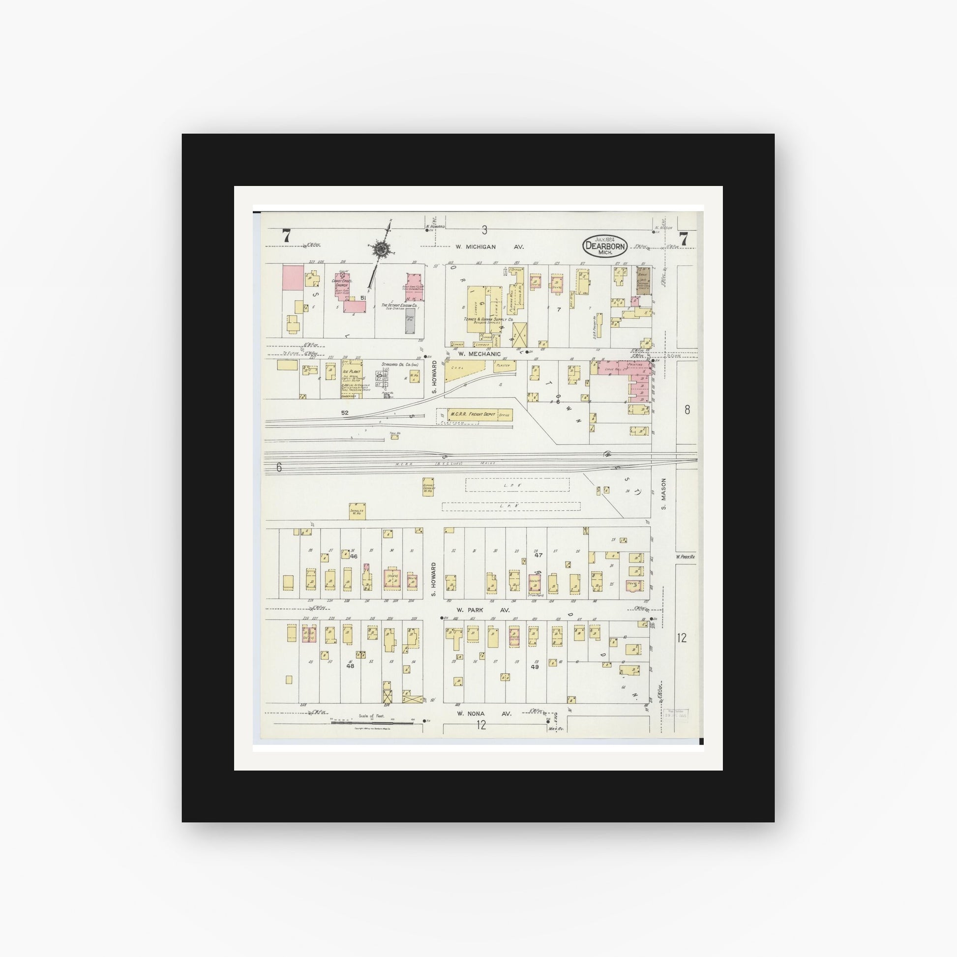 Old map wall art mockup — black gallery frame with white mat — Sanborn Fire Insurance Map from Dearborn, Wayne County, Michigan (1924), Sheet #0007