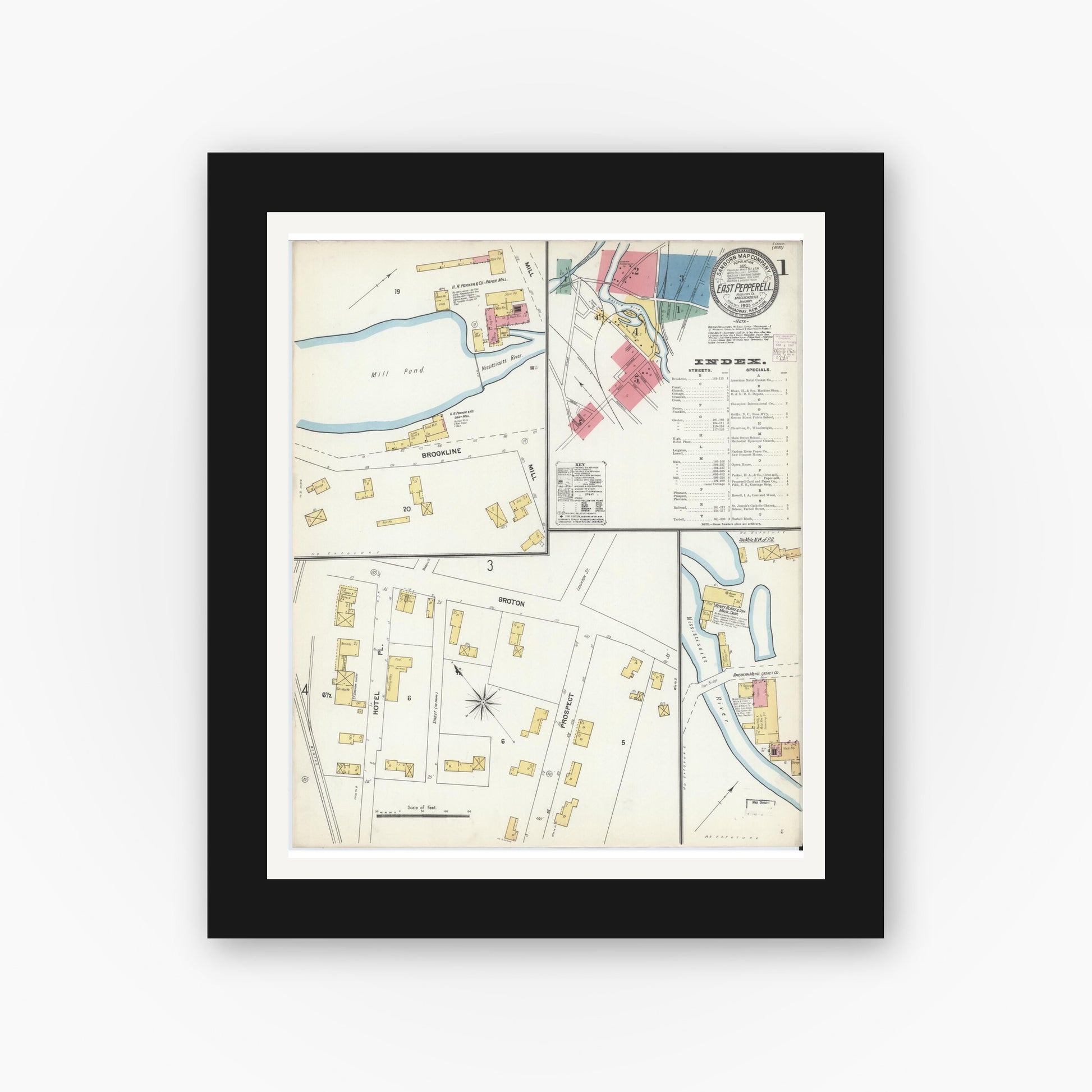 Old map wall art mockup — black gallery frame with white mat — Sanborn Fire Insurance Map from East Pepperell, Middlesex County, Massachusetts (1903) - Complete Map Set