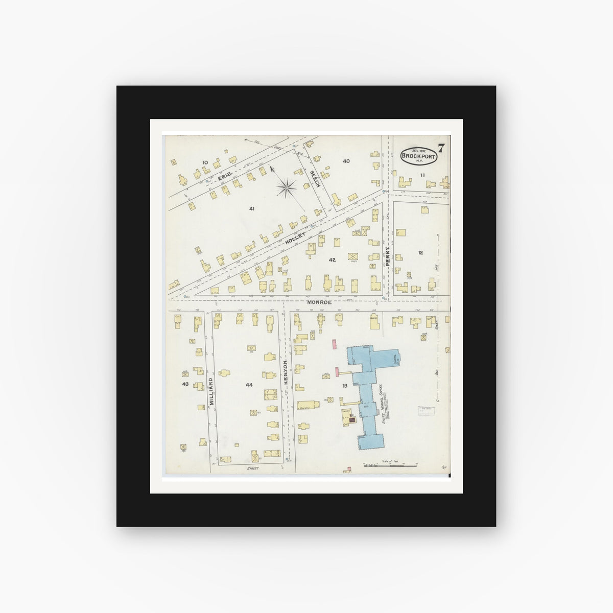 Old map wall art mockup — black gallery frame with white mat — Sanborn Fire Insurance Map from Brockport, Monroe County, New York (1892), Sheet #0007