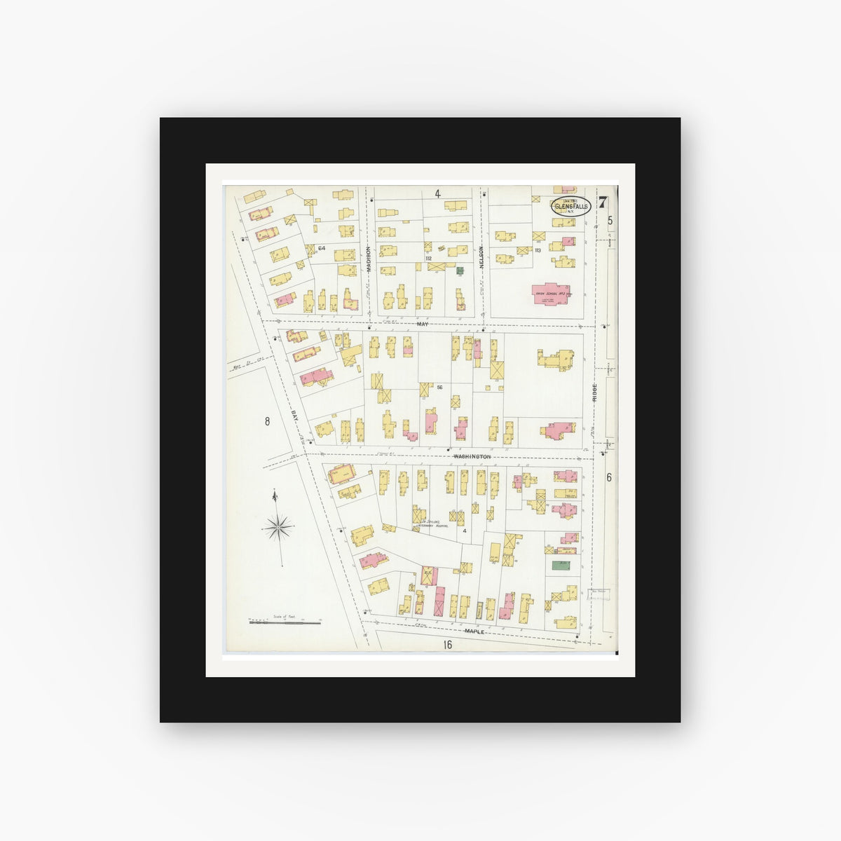Old map wall art mockup — black gallery frame with white mat — Sanborn Fire Insurance Map from Glens Falls, Warren County, New York (1901), Sheet #0007