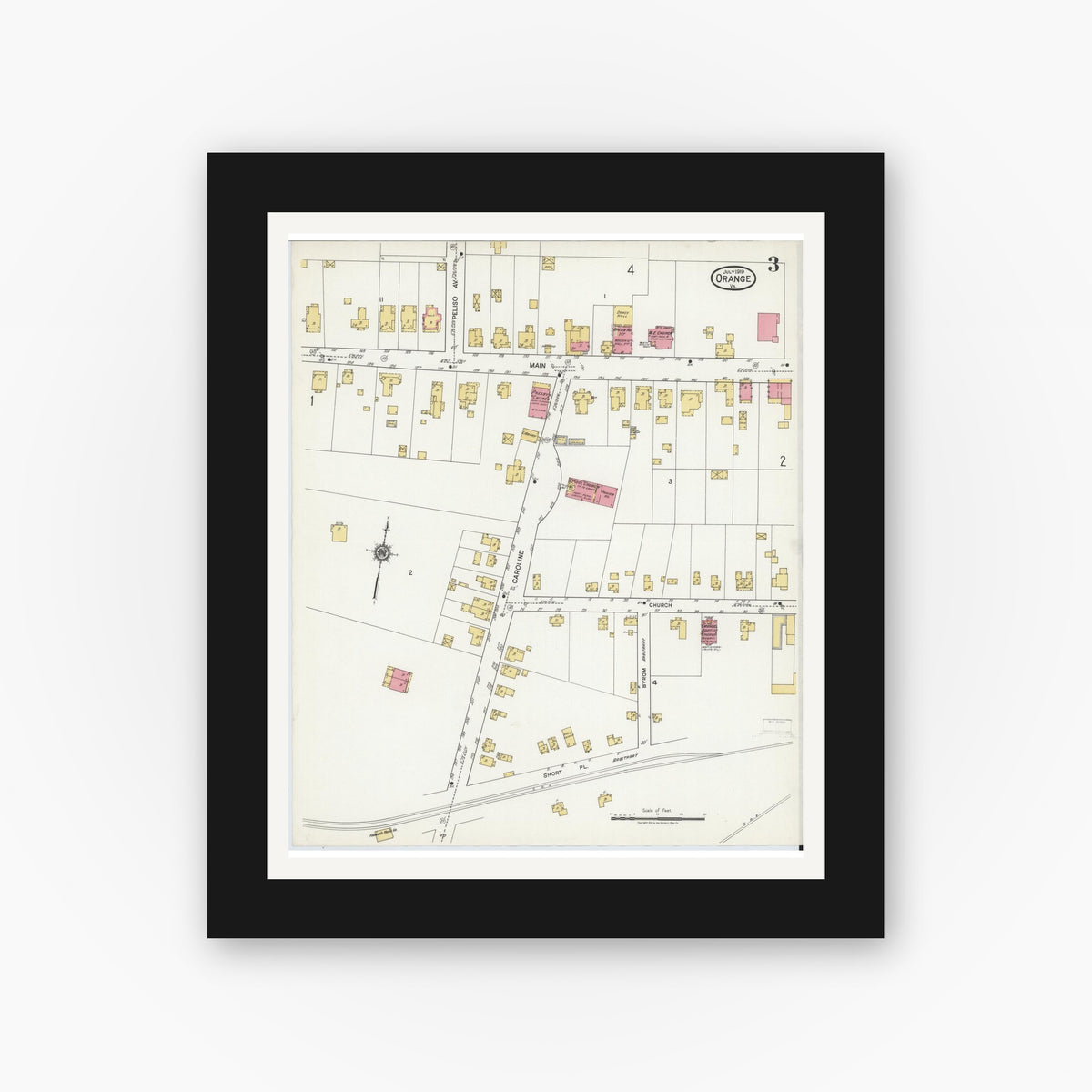 Old map wall art mockup — black gallery frame with white mat — Sanborn Fire Insurance Map from Orange, Orange County, Virginia (1919), Sheet #0003