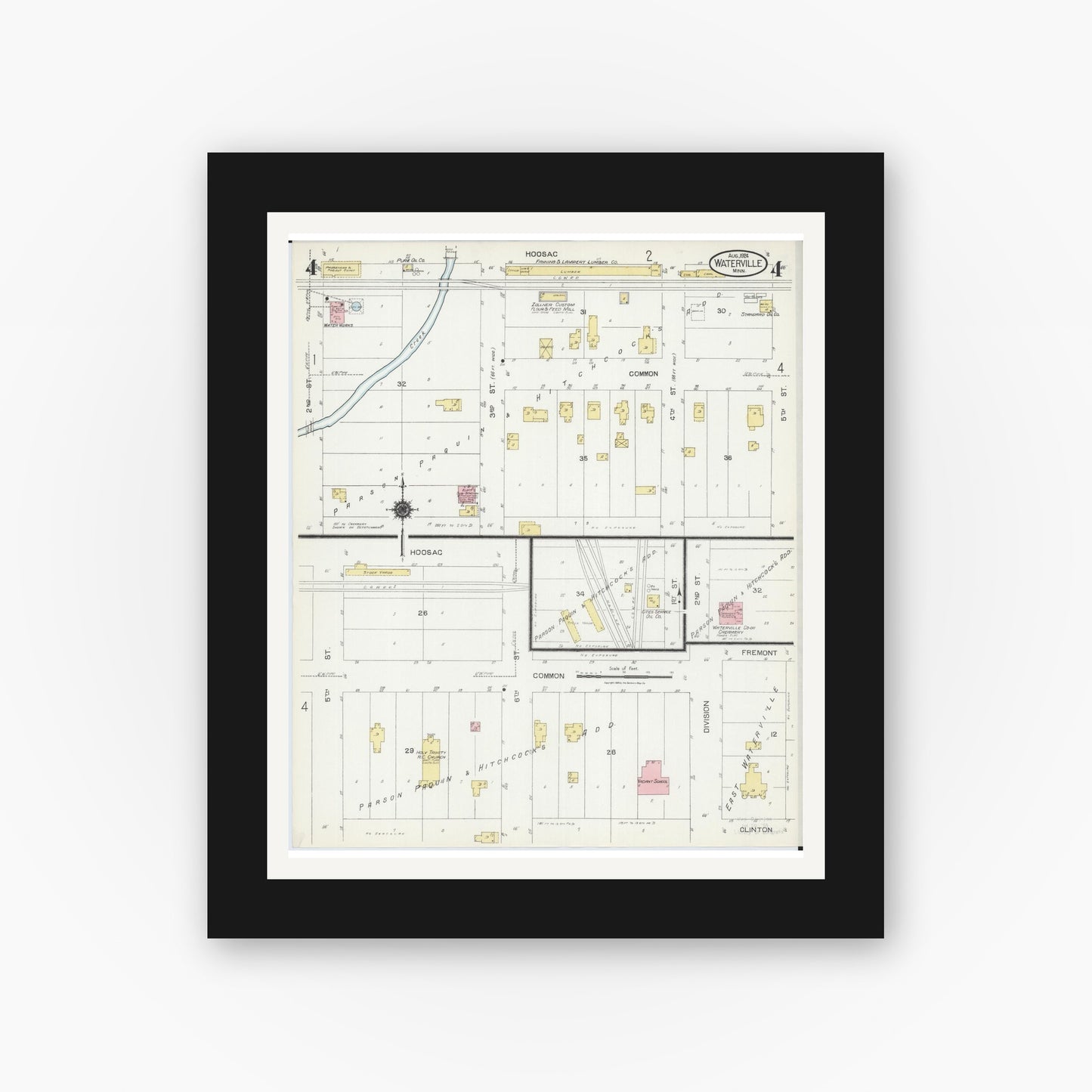Old map wall art mockup — black gallery frame with white mat — Sanborn Fire Insurance Map from Waterville, Le Sueur County, Minnesota (1924), Sheet #0004