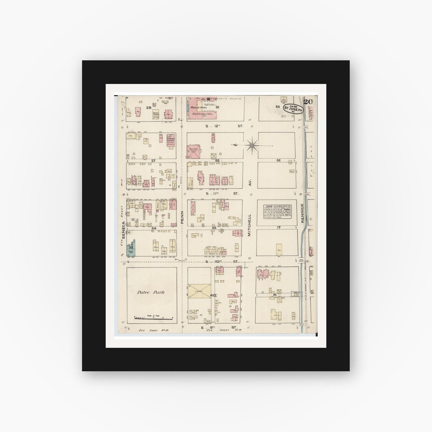 Old map wall art mockup — black gallery frame with white mat — Sanborn Fire Insurance Map from Saint Joseph, Buchanan County, Missouri (1883), Sheet #0020