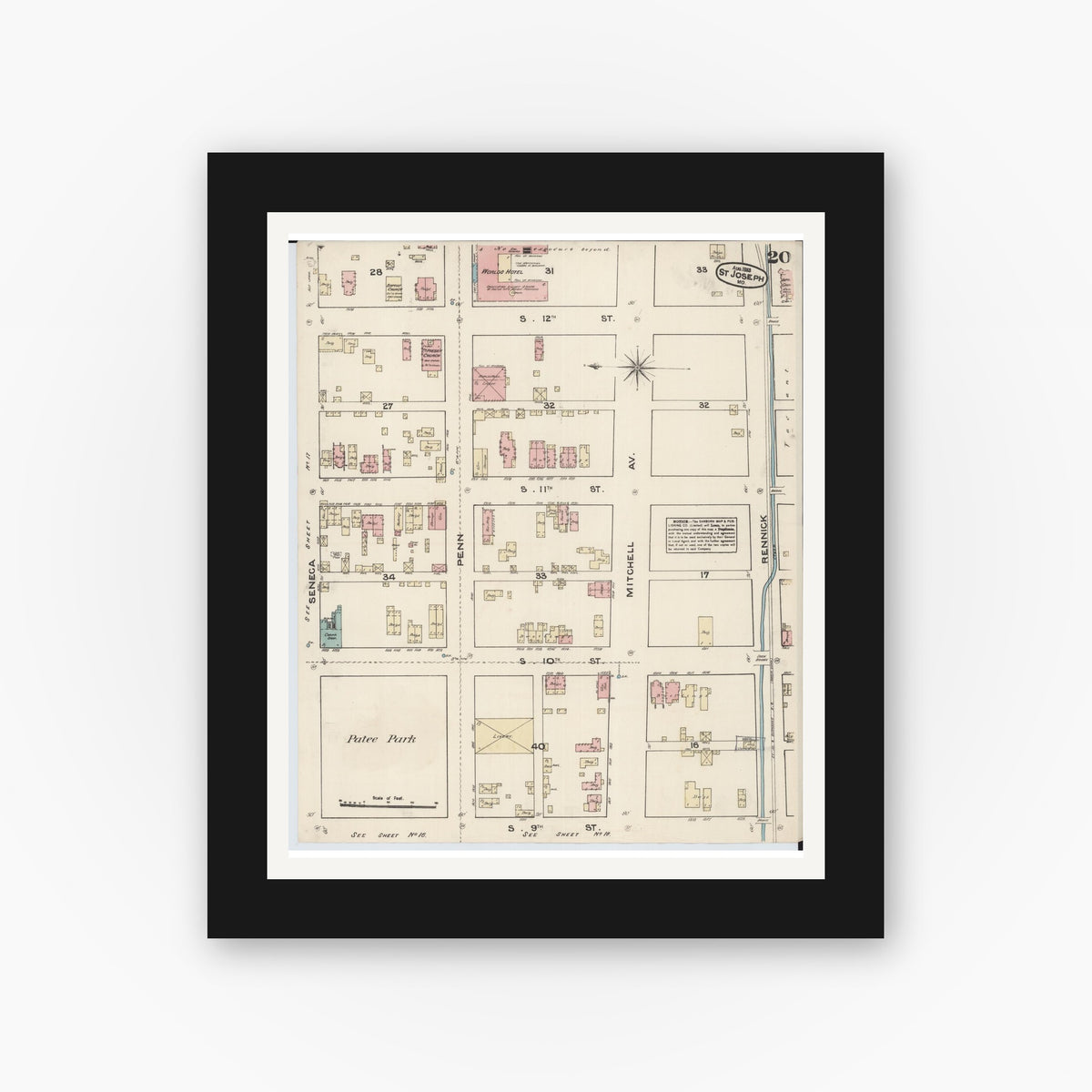 Old map wall art mockup — black gallery frame with white mat — Sanborn Fire Insurance Map from Saint Joseph, Buchanan County, Missouri (1883), Sheet #0020