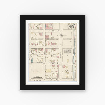 Old map wall art mockup — black gallery frame with white mat — Sanborn Fire Insurance Map from Saint Joseph, Buchanan County, Missouri (1883), Sheet #0020