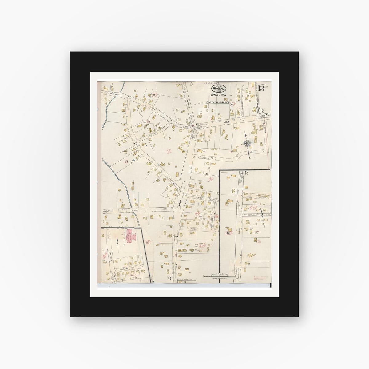 Old map wall art mockup — black gallery frame with white mat — Sanborn Fire Insurance Map from Hingham, Plymouth County, Massachusetts (1948), Sheet #0013
