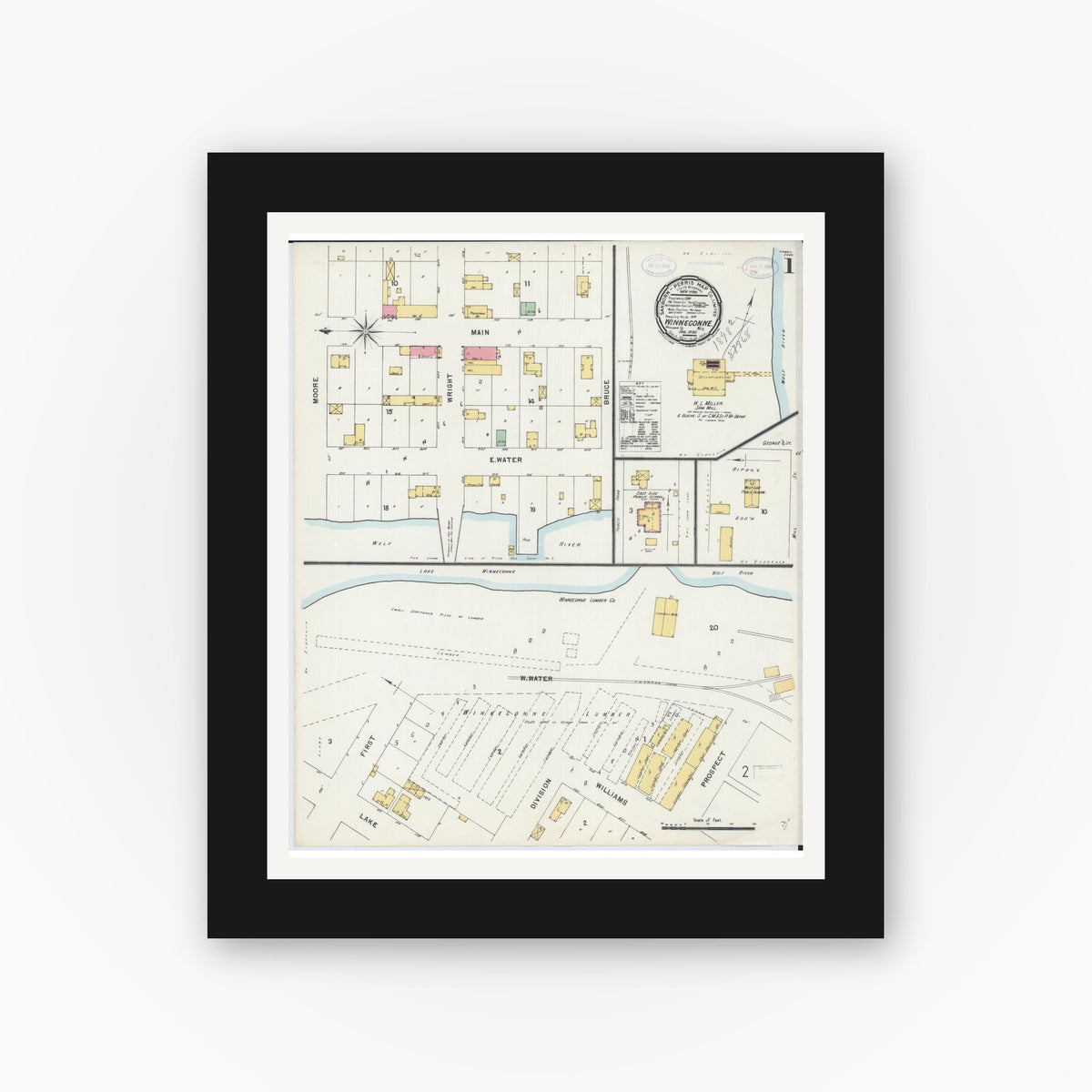 Old map wall art mockup — black gallery frame with white mat — Sanborn Fire Insurance Map from Winneconne, Winnebago County, Wisconsin (1898) - Complete Map Set