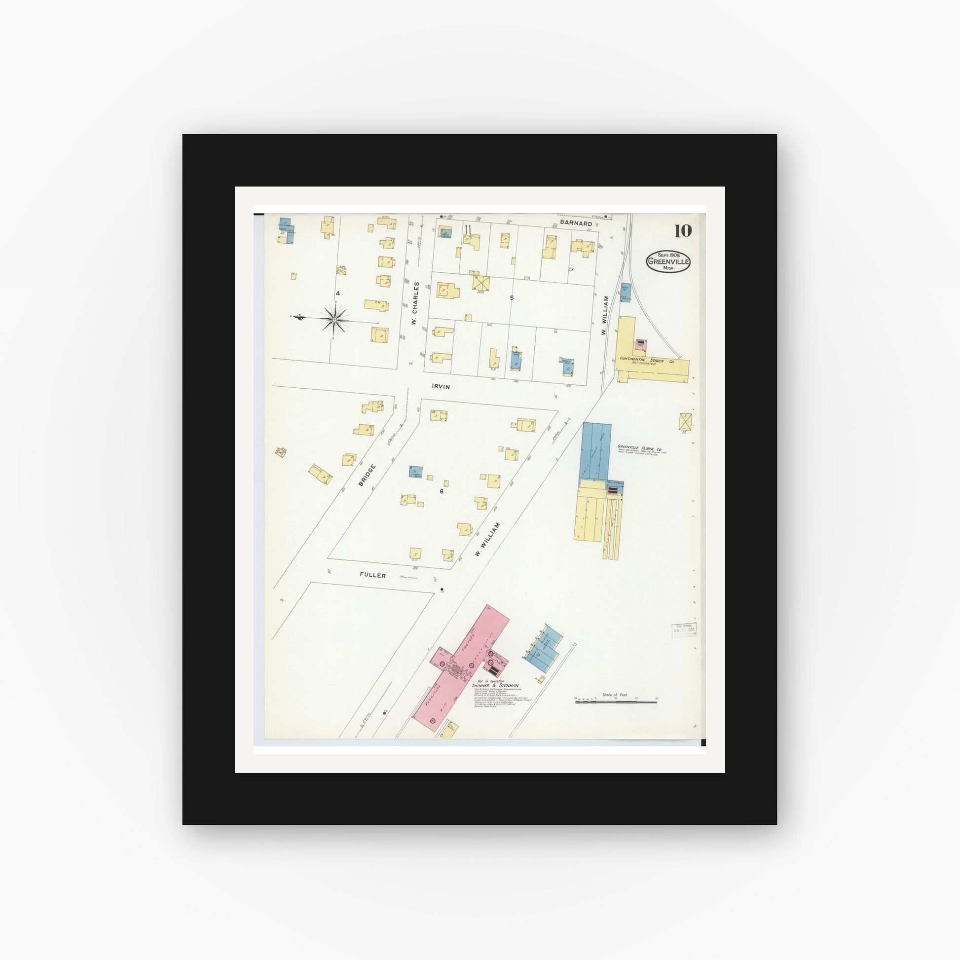 Old map wall art mockup — black gallery frame with white mat — Sanborn Fire Insurance Map from Greenville, Montcalm County, Michigan (1908), Sheet #0010