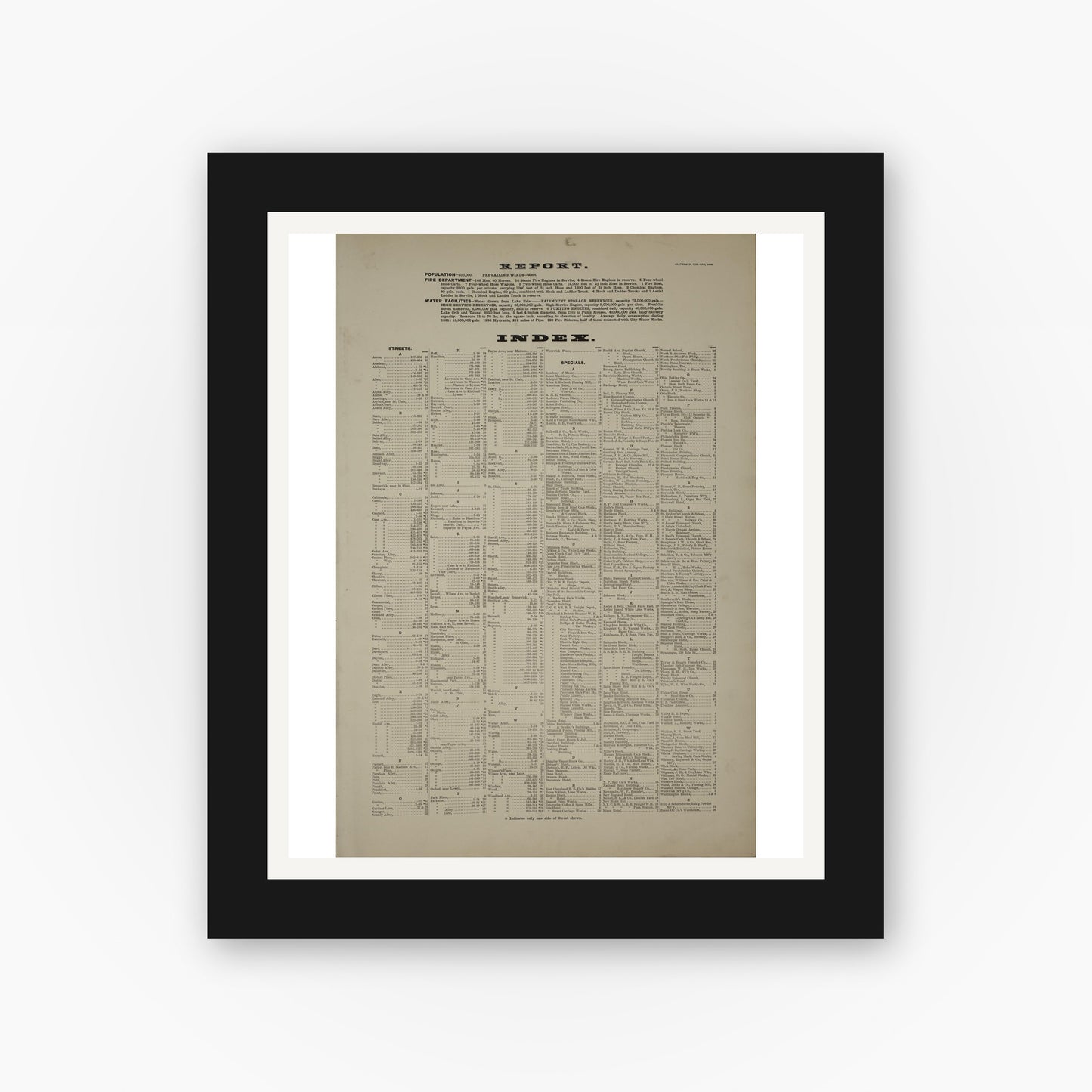 Old map wall art mockup — black gallery frame with white mat — Sanborn Fire Insurance Map from Cleveland, Cuyahoga County, Ohio (1886), Sheet #0001