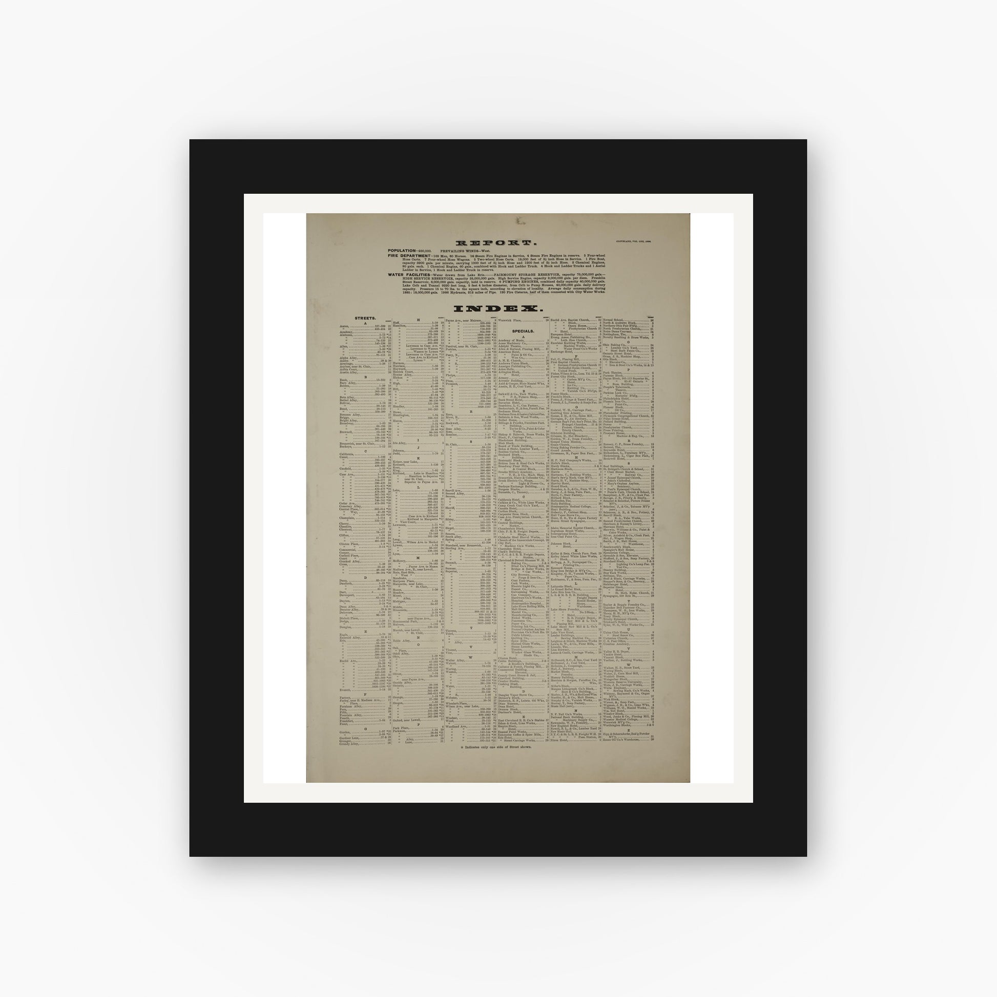 Old map wall art mockup — black gallery frame with white mat — Sanborn Fire Insurance Map from Cleveland, Cuyahoga County, Ohio (1886), Sheet #0001