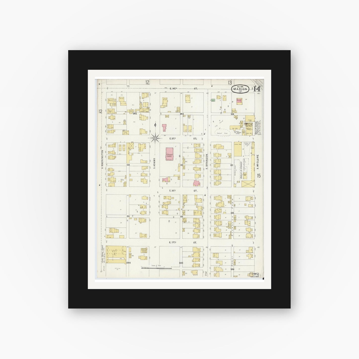 Old map wall art mockup — black gallery frame with white mat — Sanborn Fire Insurance Map from Marion, Grant County, Indiana (1896), Sheet #0014