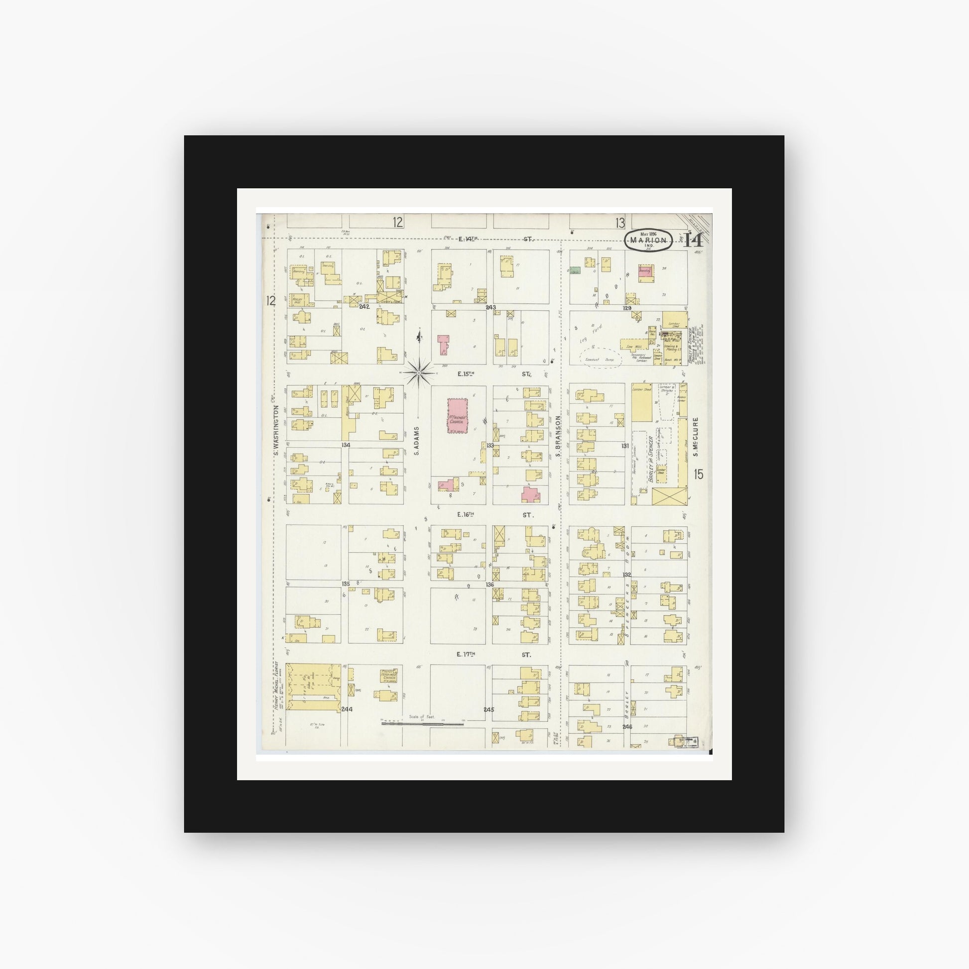 Old map wall art mockup — black gallery frame with white mat — Sanborn Fire Insurance Map from Marion, Grant County, Indiana (1896), Sheet #0014