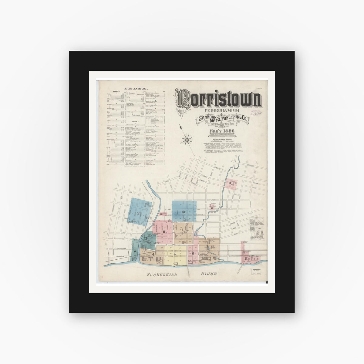 Old map wall art mockup — black gallery frame with white mat — Sanborn Fire Insurance Map from Norristown, Montgomery County, Pennsylvania (1886) - Complete Map Set