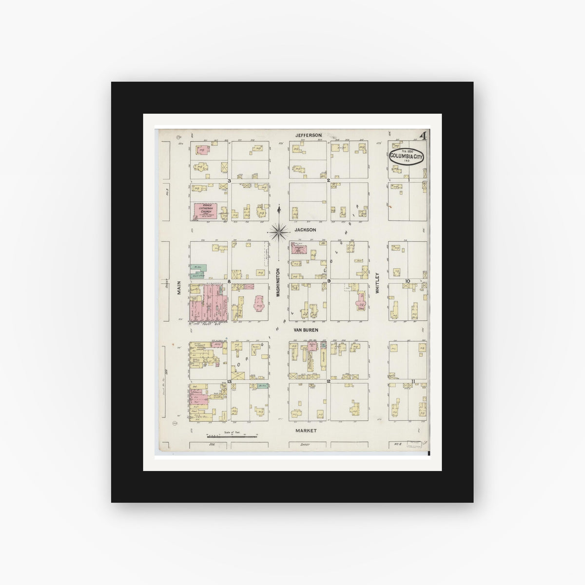 Old map wall art mockup — black gallery frame with white mat — Sanborn Fire Insurance Map from Columbia City, Whitley County, Indiana (1890), Sheet #0004