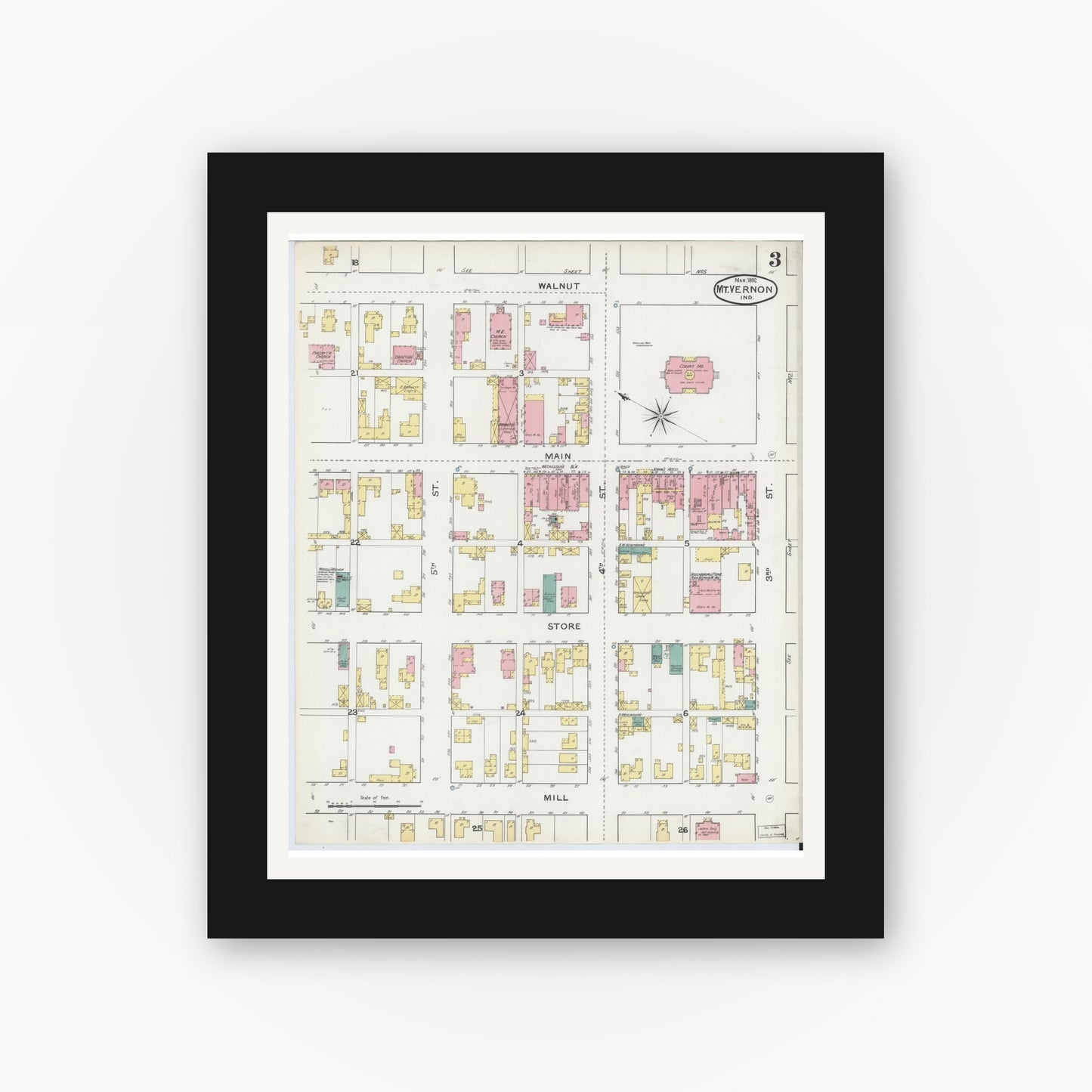 Old map wall art mockup — black gallery frame with white mat — Sanborn Fire Insurance Map from Mount Vernon, Posey County, Indiana (1892), Sheet #0003