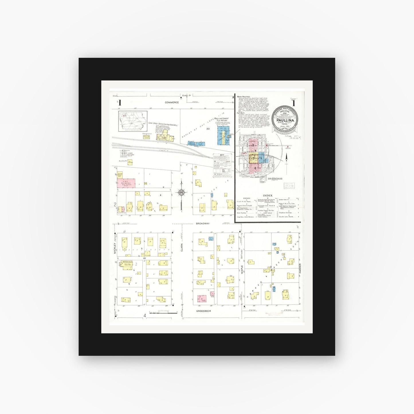 Old map wall art mockup — black gallery frame with white mat — Sanborn Fire Insurance Map from Paullina, O'Brien County, Iowa (1931), Sheet #0001