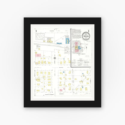 Old map wall art mockup — black gallery frame with white mat — Sanborn Fire Insurance Map from Paullina, O'Brien County, Iowa (1931), Sheet #0001